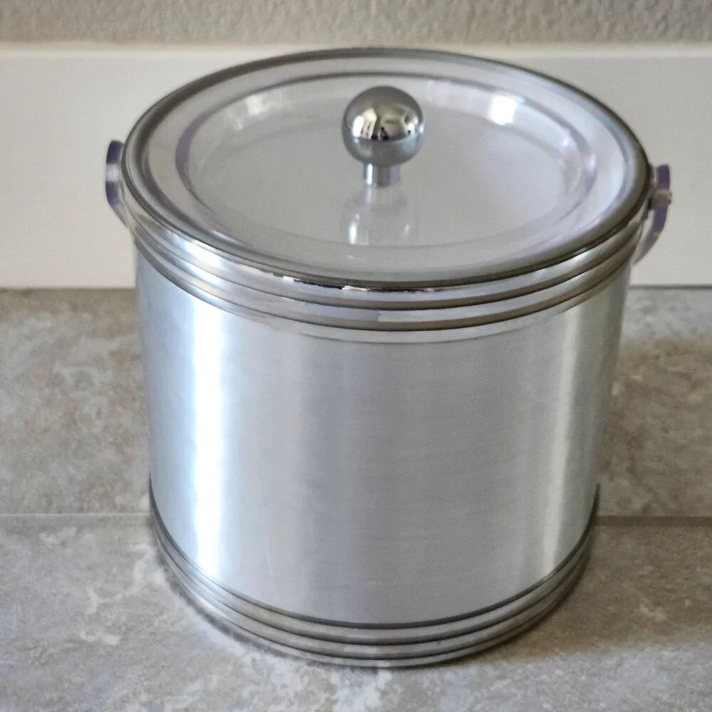 Vintage MCM Georges Briard Brushed Silver Tone Ice Bucket With Lid And Handle